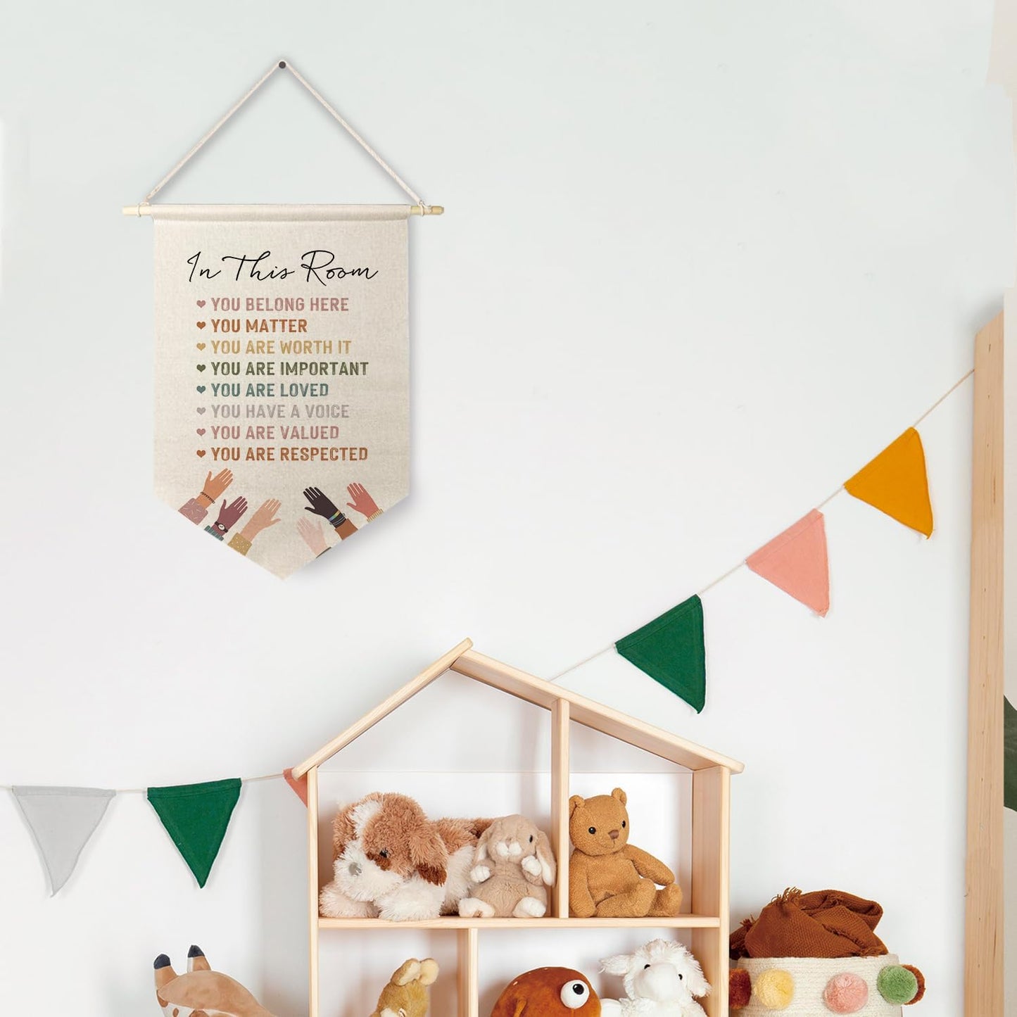 Qpenm Diversity Poster - Boho Classroom Decor, 'In This Room You Belong Here' Hanging Wall Canvas Banner, Inclusive Decor, Inspirational Pennant Flag Prints