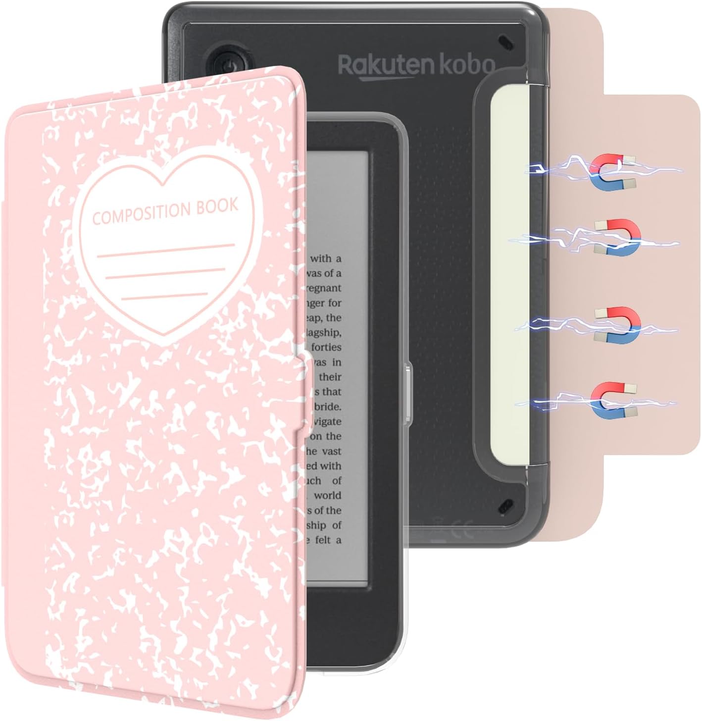 E NET-CASE Detachable Magnetic Case for 6" Kobo Clara Colour (2024) /Clara BW (2024) /2E (2022) eReader, Ultra Clear Back Scratch-Proof Light丨Easy to Detach & Attach丨Auto Sleep/Wake (Love Pink)