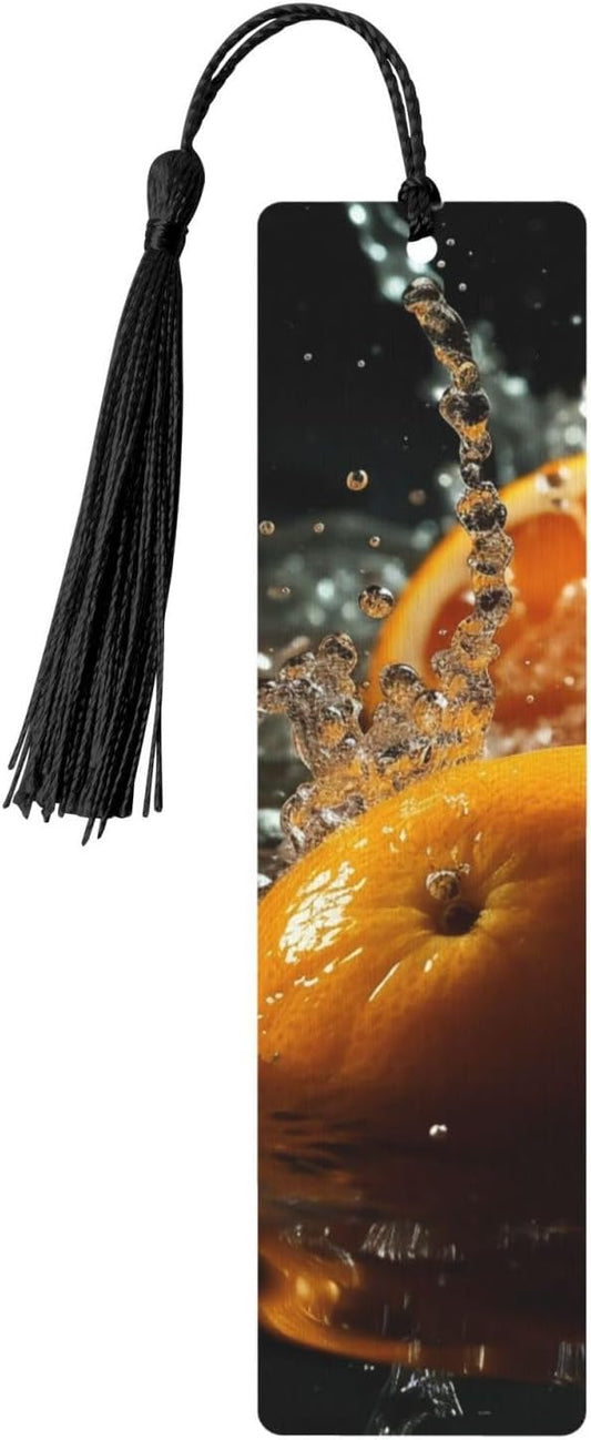 Orange Fell into Water Bookmarks Gifts for Women Men, Wooden Bookmarks for Book Lovers, Vintage Book Marks Ornaments with Tassel, Unique Personalized Reading Page Markers Black