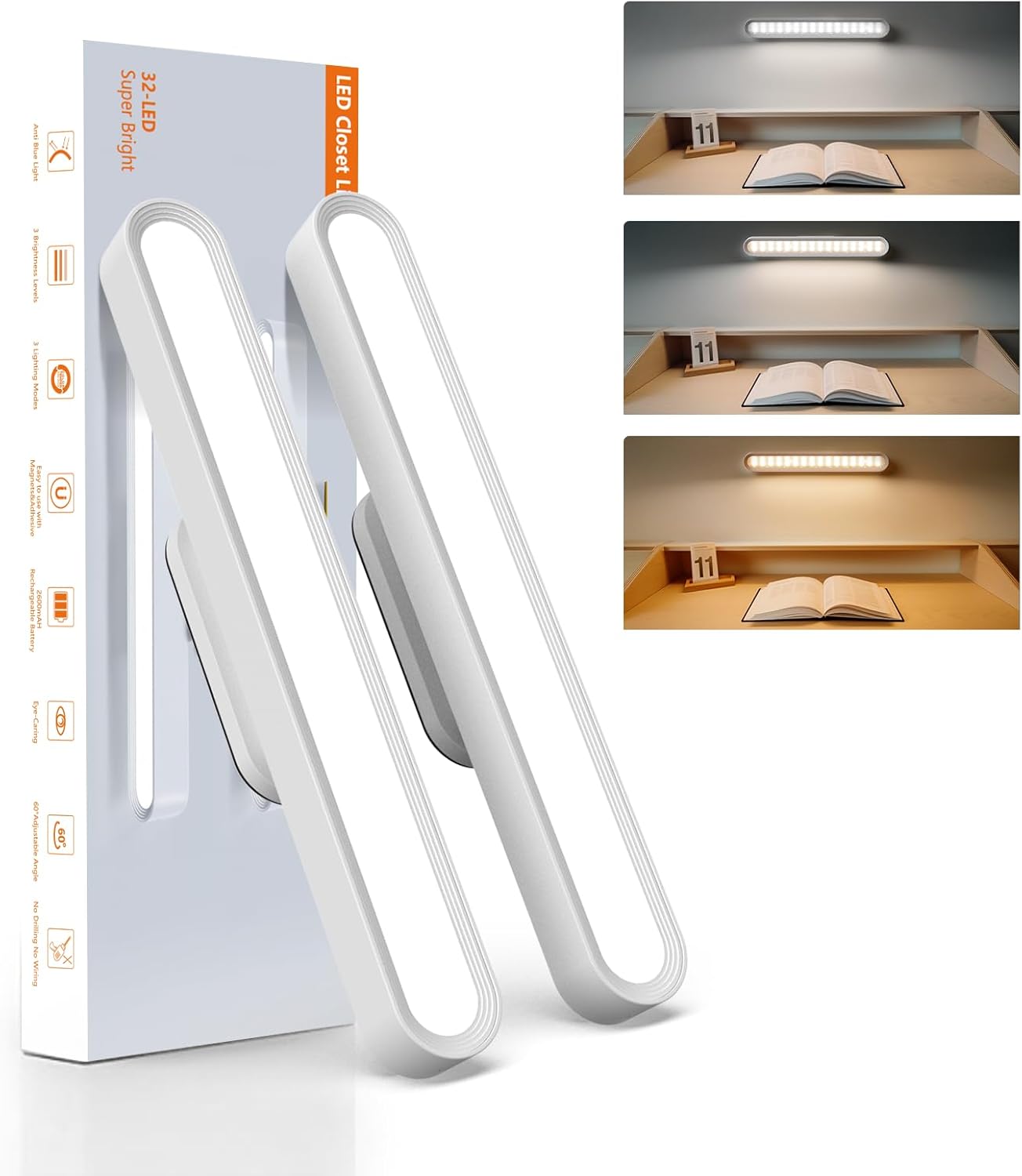 Closet Lights Battery Operated(2 Pack), 2600mAh, 160LM Rechargeable Under Cabinet Lighting, 3 Color Temperature & Memory Function, Magnetic Cabinet Lights for Kitchen, Bedside, Reading, Laundry Room