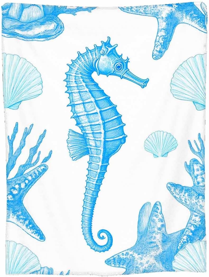 Mugod Sea Life Throw Blanket Seahorse Starfish Coral Sprigs and Seashell Marine Seamless Pattern Decorative Soft Warm Cozy Flannel Plush Throws Blankets for Baby Toddler Dog Cat 30 X 40 Inch