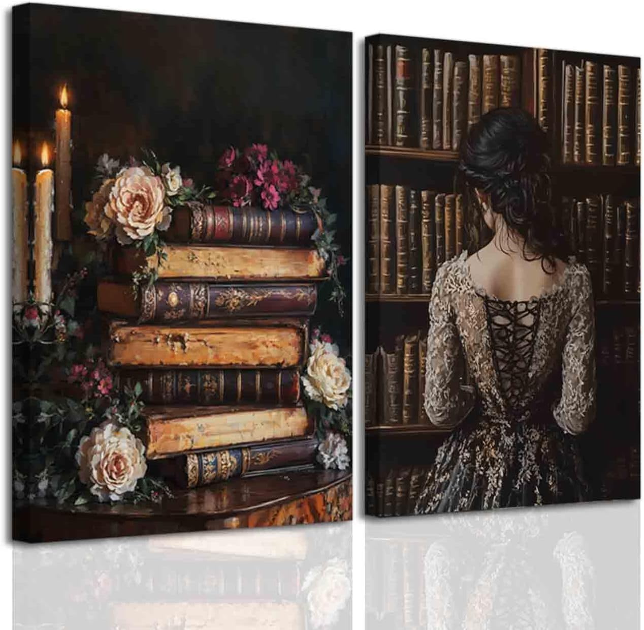 BJYCHG 2Pcs Vintage Women Reading Wall Art Moody Flower Books Canvas Prints Victorian Woman Pictures Dark Academia Aesthetic Paintings Bedroom Office Decor Framed (Black, (12x16inx2 Pieces))