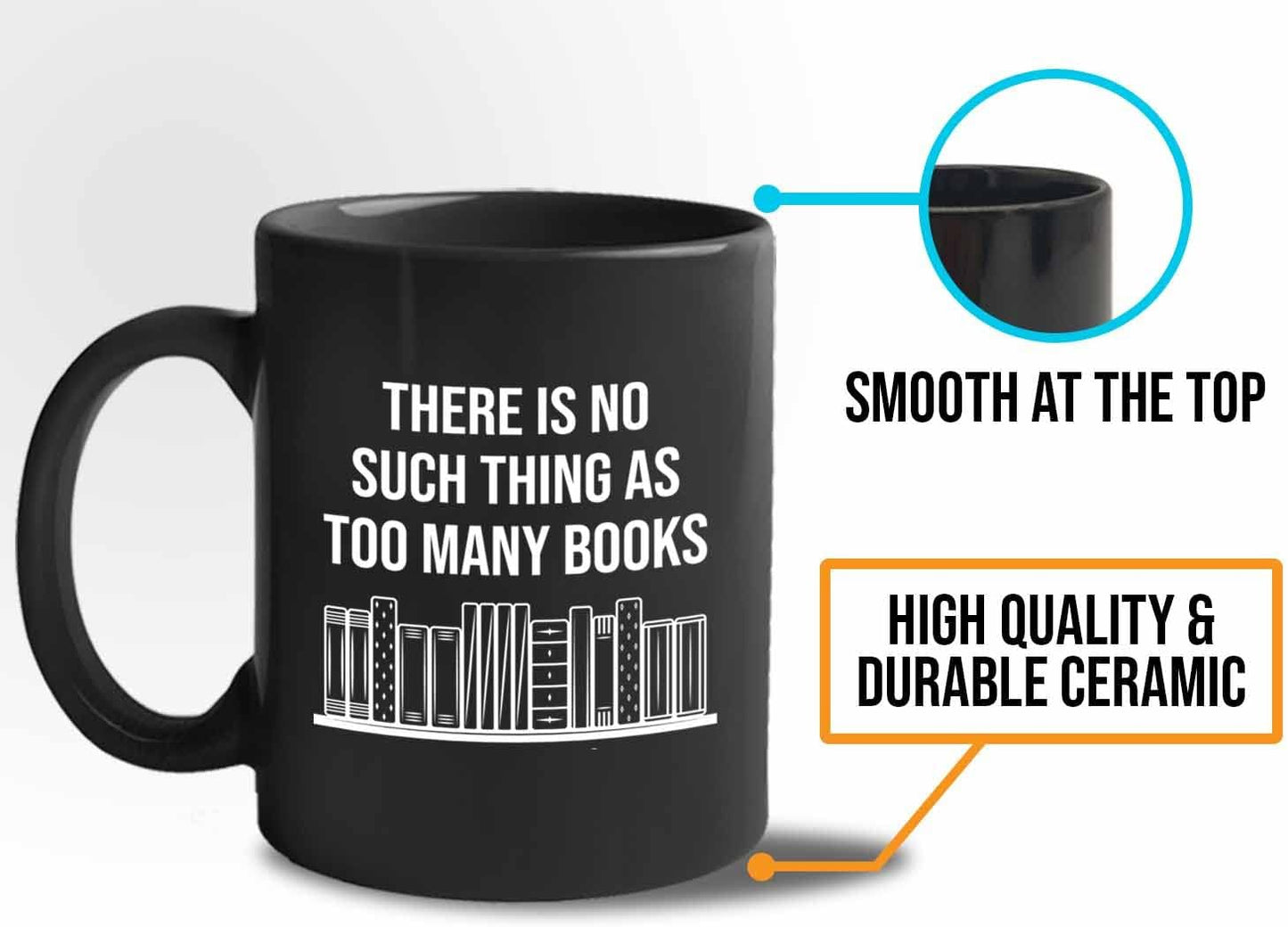 Bubble Hugs Writer Coffee Mug 11oz Black - there is no such thing as too many books - Reading Book Lover for Bookworm Bibliophile Librarians Author Readers Bookish