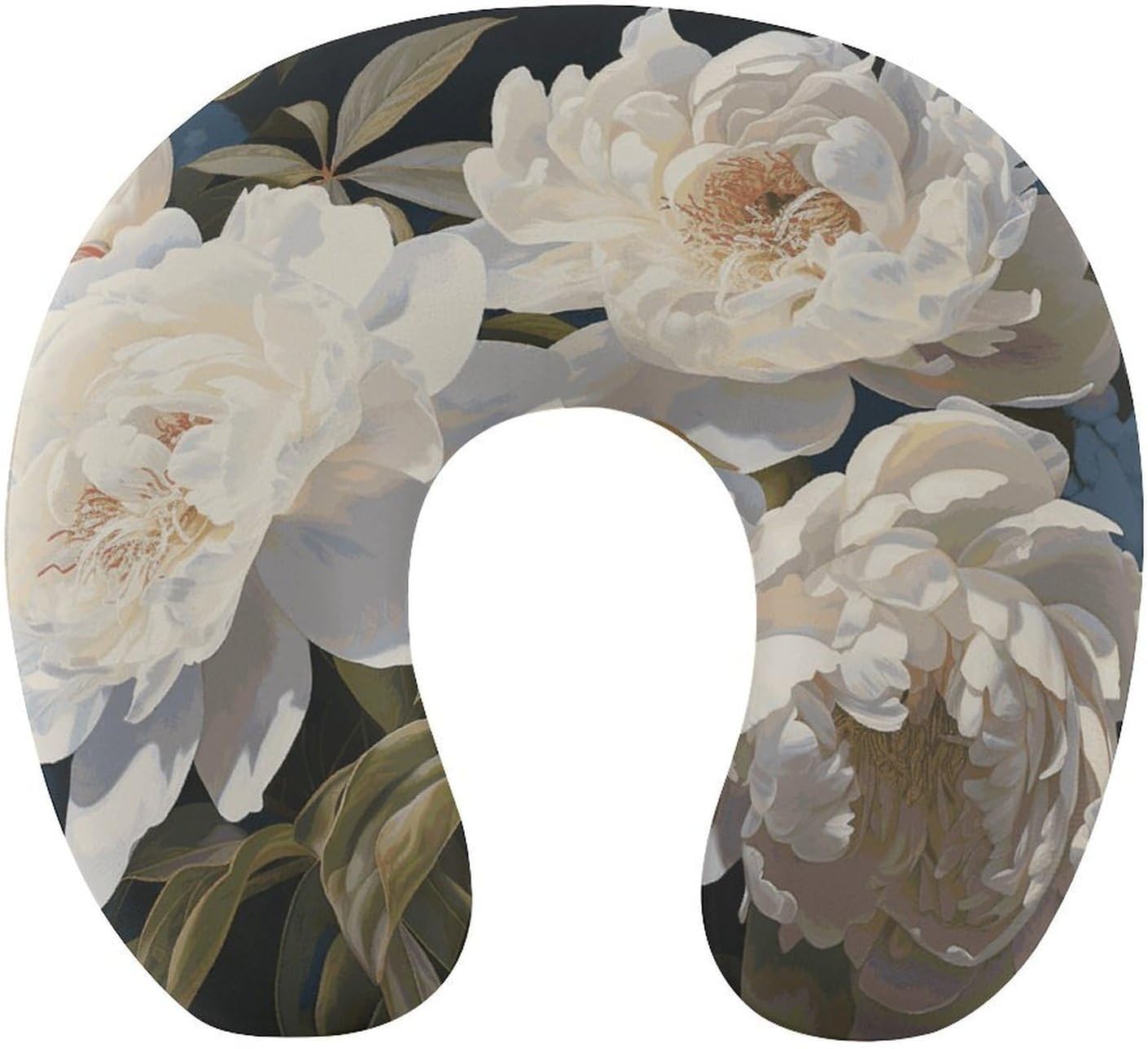 White Peony Neck Pillow Memory Foam U Shaped Pillows Portable Pillows for Shoulder Travel Head Support Pillow with Concealed Zipper for Airplane Car Home Office