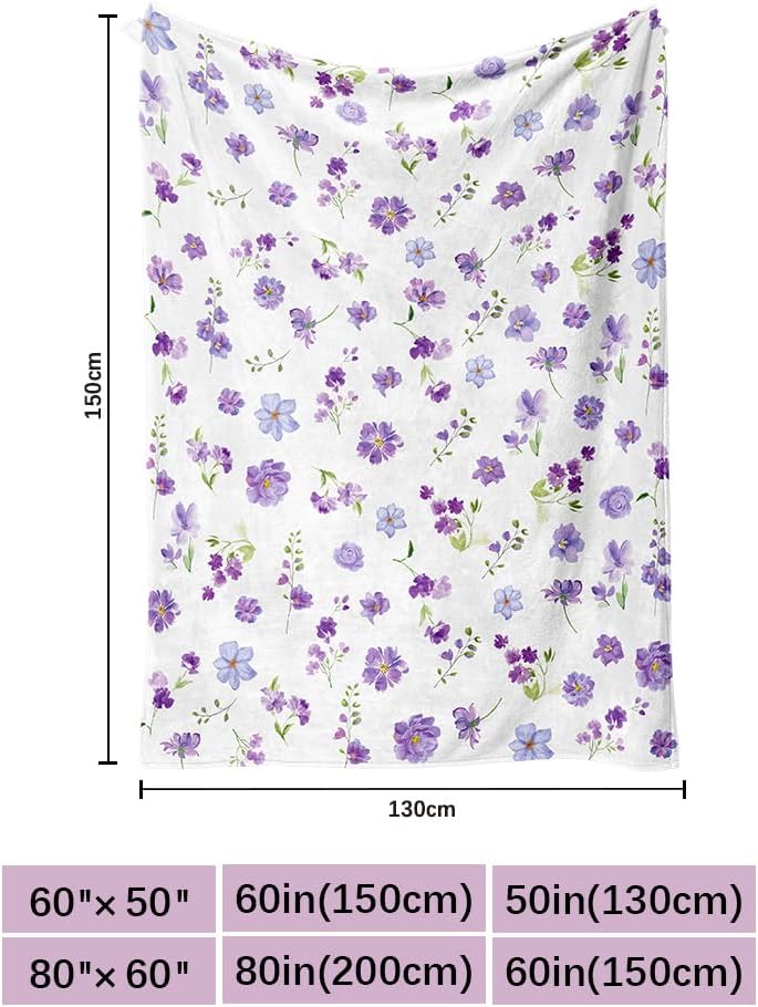 Floral Throw Blanket Purple Flowers Blanket Ultra Soft Flannel Fleece Throw Blanket Lightweight Cozy Fluffy Plush Blanket for Bed Couch Sofa 60" X 80"