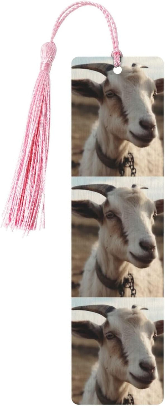 Goat on Hillside Bookmarks Gifts for Women Men, Wooden Bookmarks for Book Lovers, Vintage Book Marks Ornaments with Tassel, Unique Personalized Reading Page Markers Pink