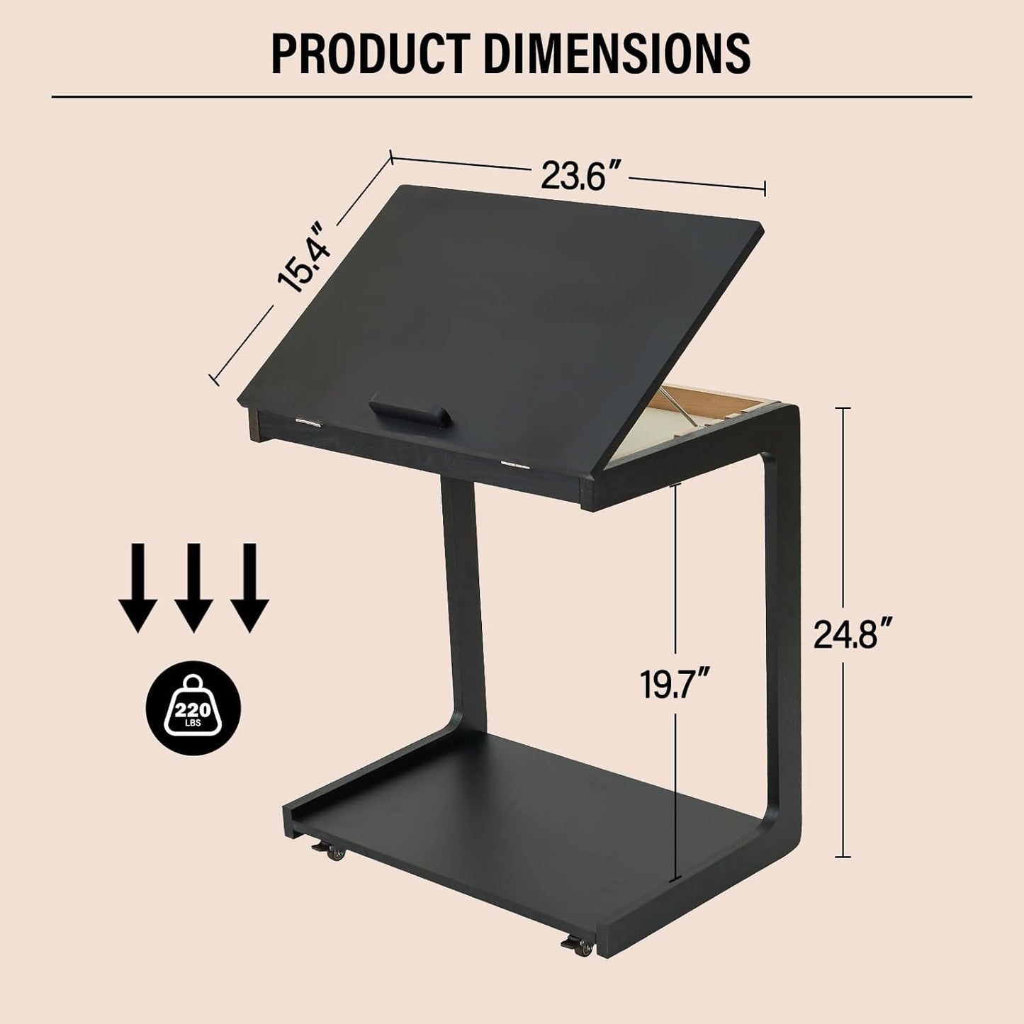 Black Side Table - C Shaped End Table for Couch, Wooden Small Black End Table for Living Room, Couch Tables That Slide Under Sofa, Rolling Side Table with Wheels for Bedroom, Sofa Tray for Laptop