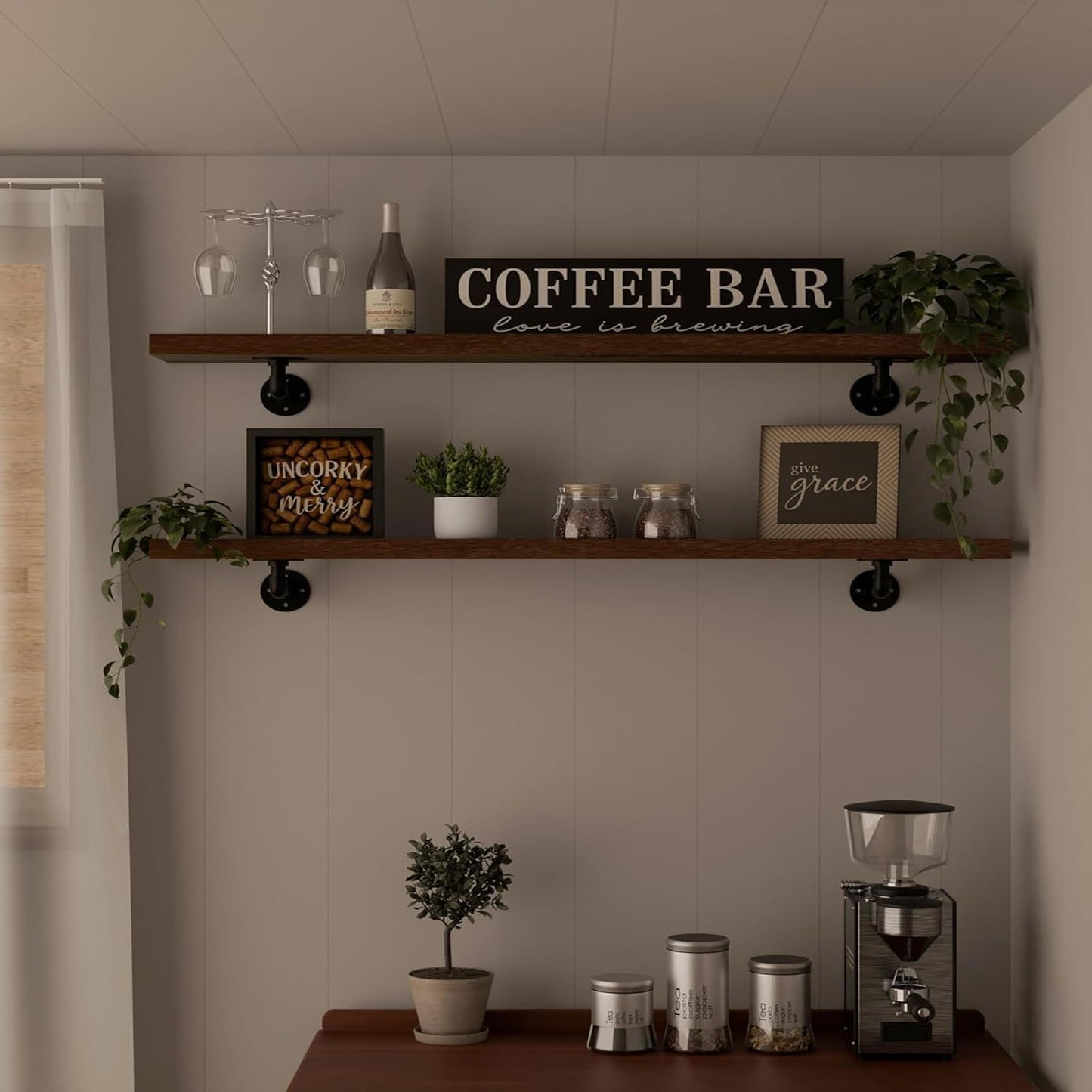 IEO Industrial Pipe Shelving Shelf,Pipe Wall Shelves Wood Shelf:Kitchen Shelves, 48 Inches Wood Long Floating Shelves for Wall Farmhouse Pipe Book Shelves Walnut for Decor and Bar Shelving