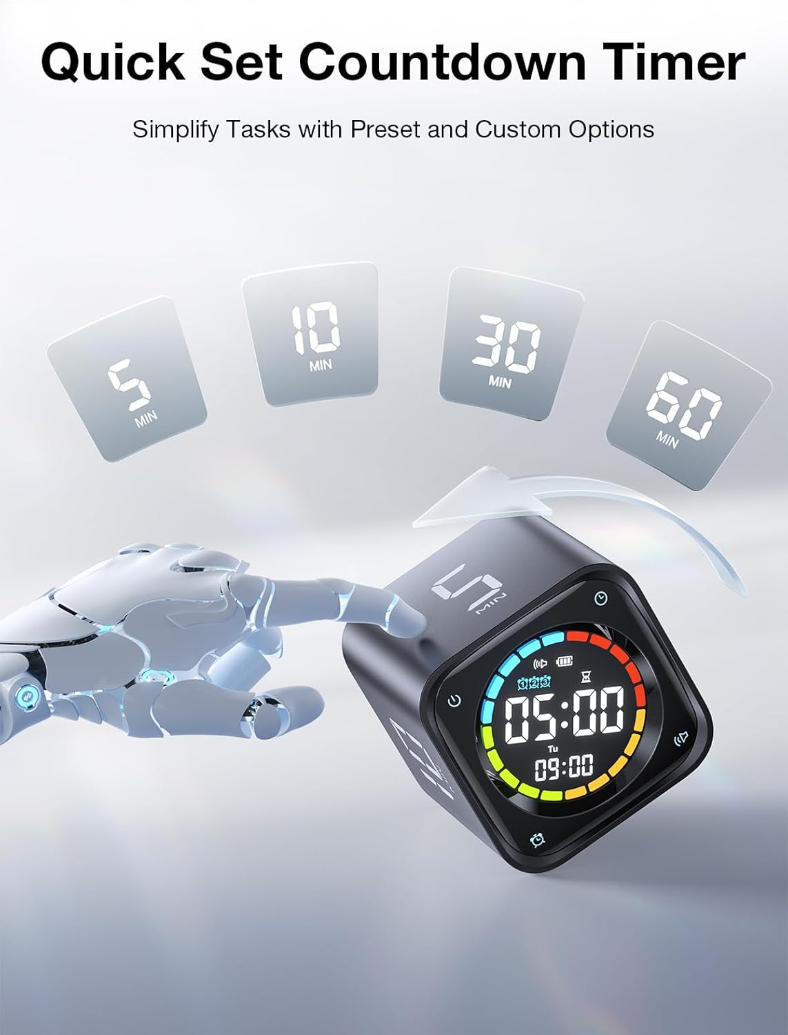 TK3 Pomodoro Timer Cube, Desk Productivity Timer with 5/10/30/60 Min Presets, Custom Countdown, Stopwatch, Clock, 3 Alarm, Silent, Vibrate & Sound Alert, for Task, ADHD, Study, Kitchen, Black