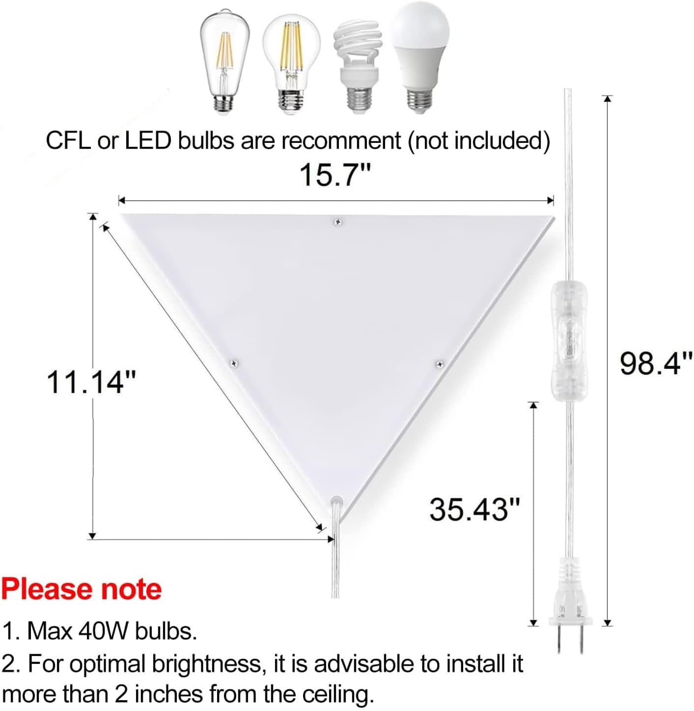 Corner Light with Switch, Ceiling Corner Lights for Living Room, Plug in Ceiling Light for Dark Area, Lamp for Bedroom, Kids Room, Triangle Shape
