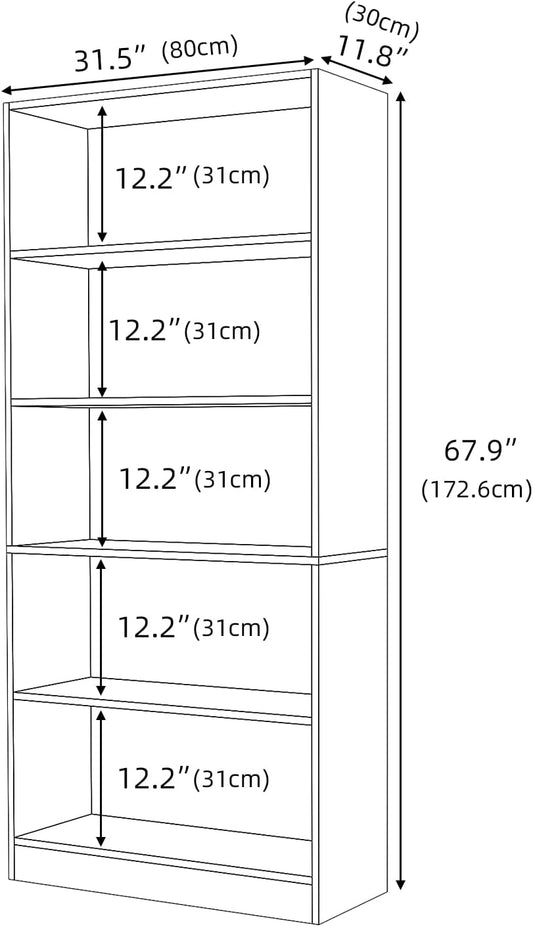 5 Shelf Wood Bookcase Freestanding Bookshelf for Home Office Library Small Narrow Space(11.8" D x 31.5" W x 67.9" H,Brown,5-Layers)