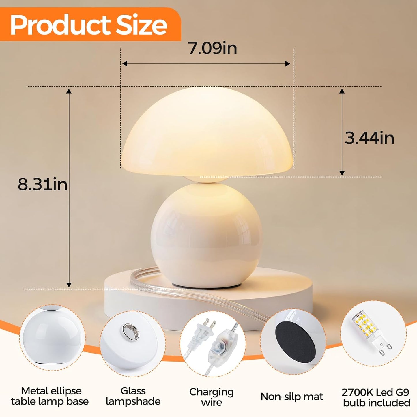 NIORSUN Mushroom Lamp,Table Lamp for Bedroom, 2700k Dimmable Desk Lamps,Small Bedside Table Lamps for Living Room Night Stands, Mushroom Decor Cute Mini Modern Mid Century Lamps(White)