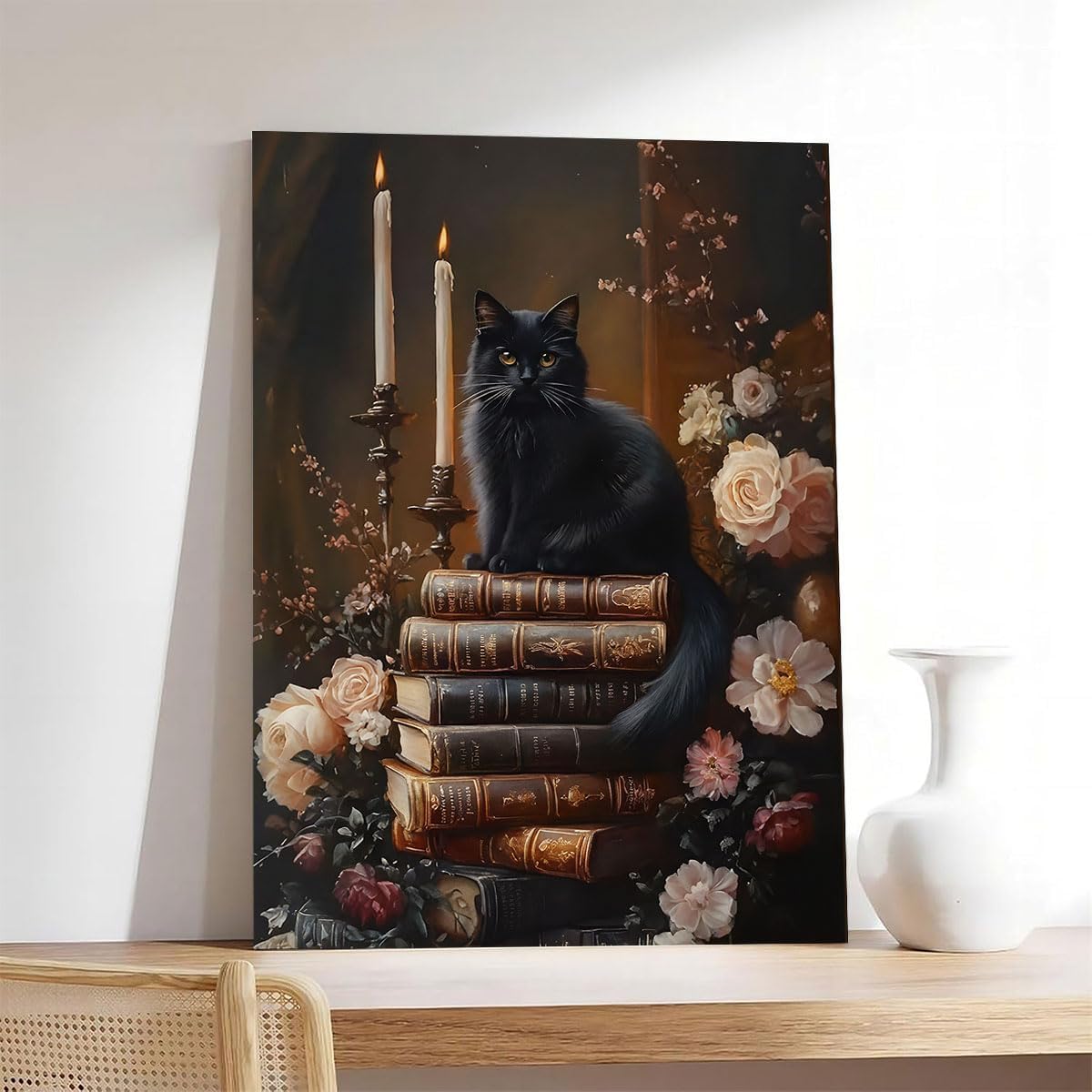 Framed Dark Academia Moody Wall Art Victorian Black Cat Wildflower Book Floral Wall Decor Picture Painting Artwork Vintage Black Cat Books Wall Art Gothic Vintage Antique Aesthetics Poster Print for Home Decoration (A, 8x12inch(20x30cm), Framed)