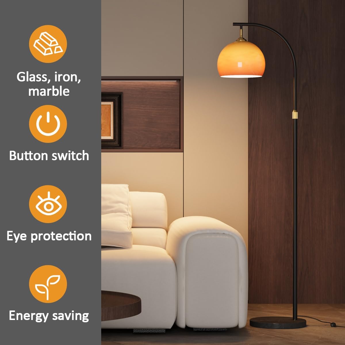 Orange Glass Shade Floor Lamp Adjustable Height Tall Light Bedside Standing Reading Lamp Arc Floor Lamps Rust-Proof Iron Pole Light with Push Button Switch for Living Room Hotel Studio