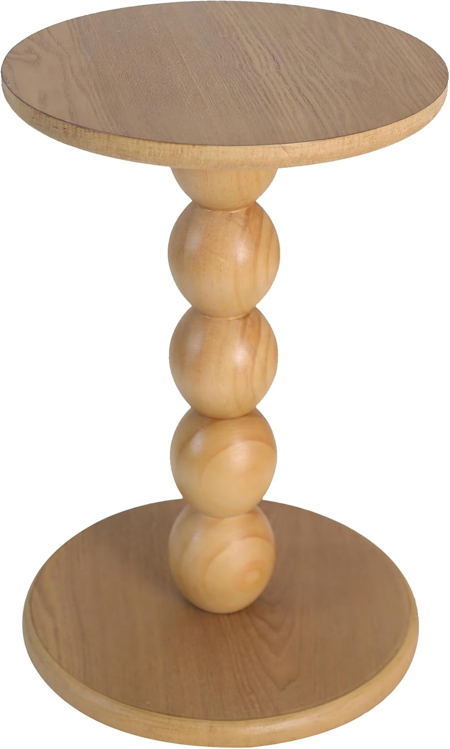 Small Round Wooden Side Table with Stacked Ball Pedestal Base, 12.4 X17.32 Accent Nightstand for Living Room, Bedroom, Corners (Natural)