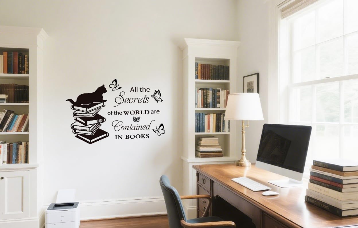 Reading Theme Wall Decal for Kid's Room , Cat Butterfly Books All the Secrets of World Inspirational Quotes Vinyl Removable Wall Stickers for Children Room Classroom Preschool