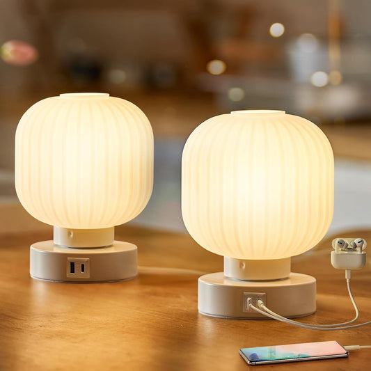 Touch Bedside Glass Table Lamp Set of 2 with 3 Way Dimmable Light, Small Table Lamps with USB C+A Charging Ports - Bedroom Nightstand & Living Room Essential, Bulb Included