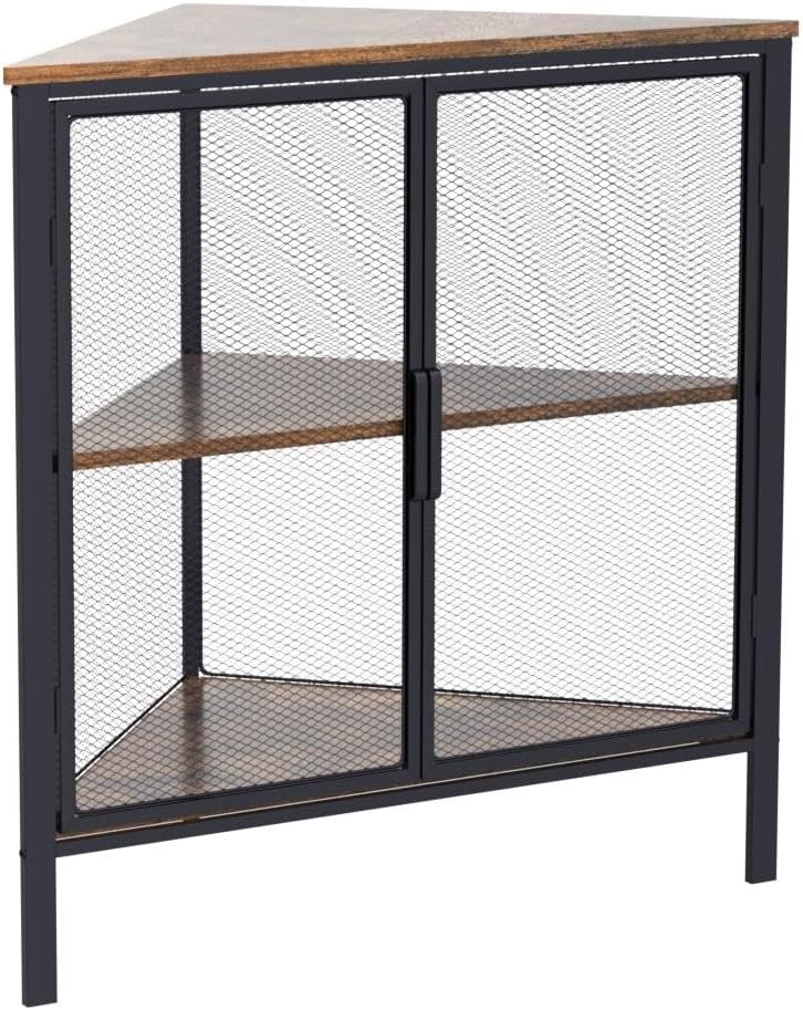 VECELO Corner Cabinet with Two Doors and Shelves, Free-Standing Storage Organizer for Small Space in Living Room/Bedroom/Kitchen, Brown and Black