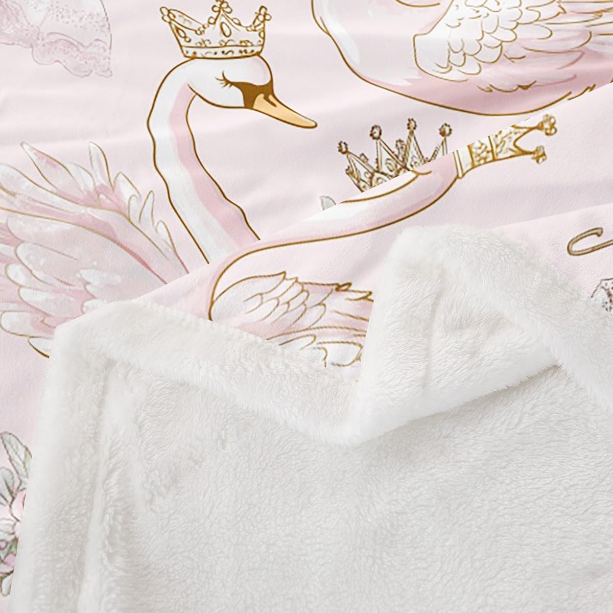 Manfei White Swan Flannel Blanket Swan Lake Ballet Dance Theme Pink Fleece Throw Blanket for Room Decor,Princess Crown Bowknot Romantic Roses Flowers Bed Blanket for Bed Sofa Couch,Baby 30"x40"