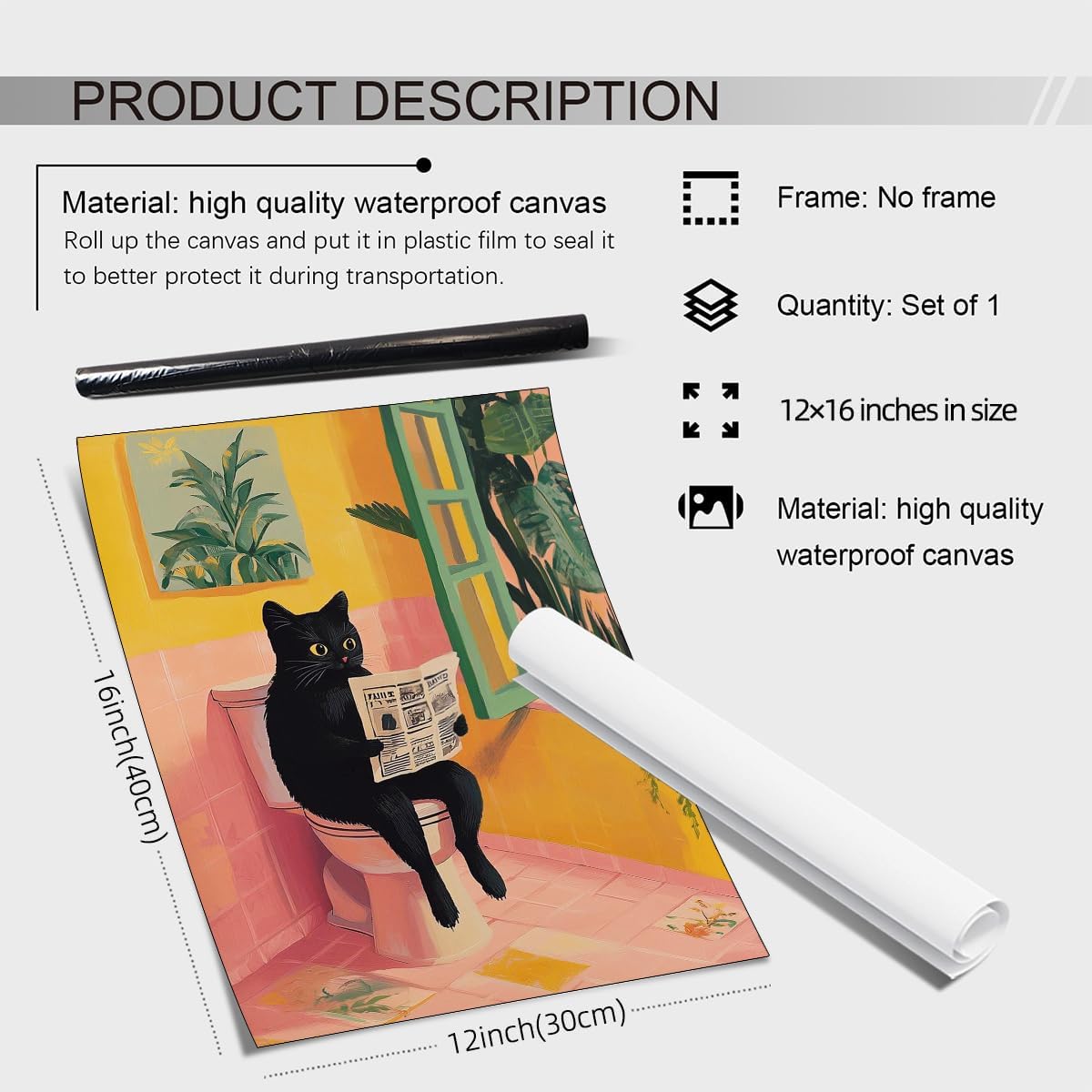 Jefuzh Black Cat Bathroom Wall Art Cat Sitting on Toilet Reading Newspaper Posters Funny Animal Pictures Prints for Toilet Showering Bath Wall Decor （12 x 16 inches Unframed）