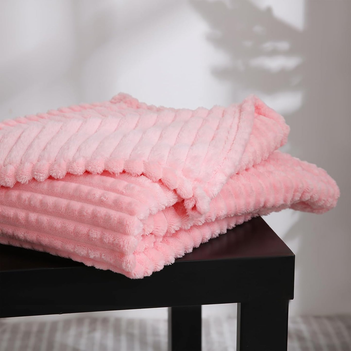 Puncuntex Flannel Fleece Throw Blanket Light Pink 90"×90",Super Soft Plush Cozy Blanket with Square Grid Design Luxury for Couch Sofa Chair