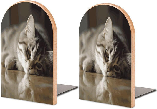 Sleeping Cat Bookends 1 Pair Heavy Duty Book Ends for Shelves Non-Skid Bookend Supports Wooden Book Holders with Metal Base Desk Organizers Books Storage to Hold Books