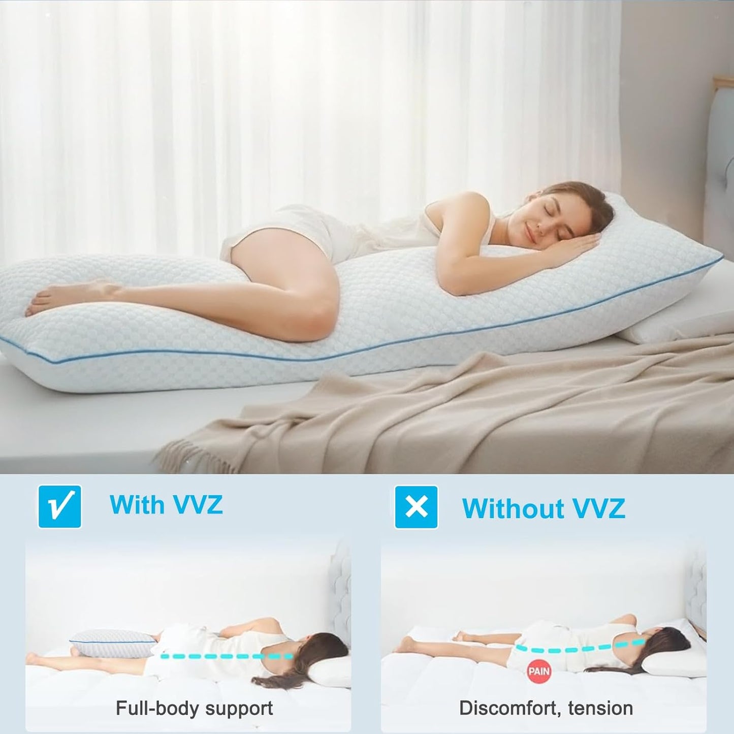 VVZ Body Pillow for Adults,Shredded Memory Foam Pillows for Side Sleeping, Pregnant Women, Luxury Cool Adjustable Firm Long Pillow for Bed, Big Large Full Body Pillow for Sleeping,20x54 Inch, White