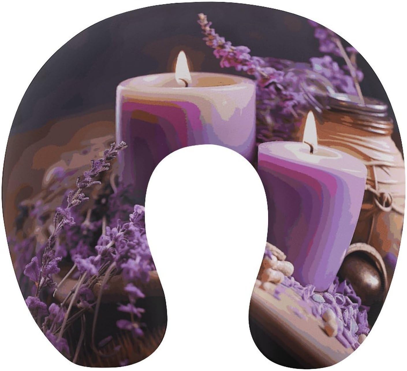 Purple Lavender with Candles Neck Pillow Memory Foam U Shaped Pillows Portable Pillows for Shoulder Travel Head Support Pillow with Concealed Zipper for Airplane Car Home Office