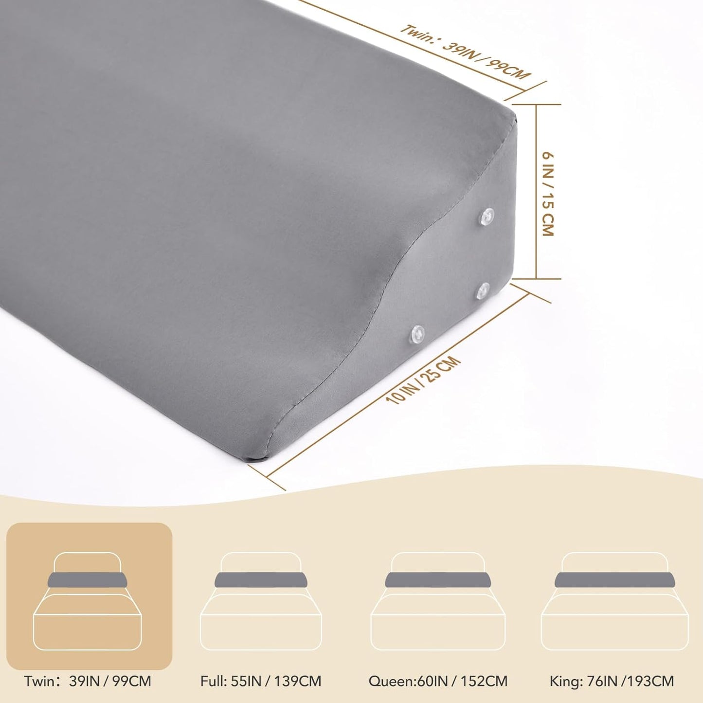 Twin Size Bed Wedge Pillow for Headboard – Mattress Gap Filler Wedge (0–8"), Close Gap Between Headboard and Mattress, Stop Pillows Falling, Wave Wedge, Large Bed Pillow, Gray (39"x10"x6")