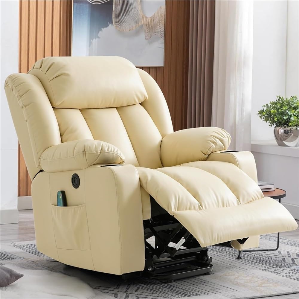 Adjustable Power Lift Recliner Chair, Heavy Duty Electric Massage Sofa with Heat, PU Leather Reclining Seat with Remote Control, Cup Holders, USB Port, Side Pockets