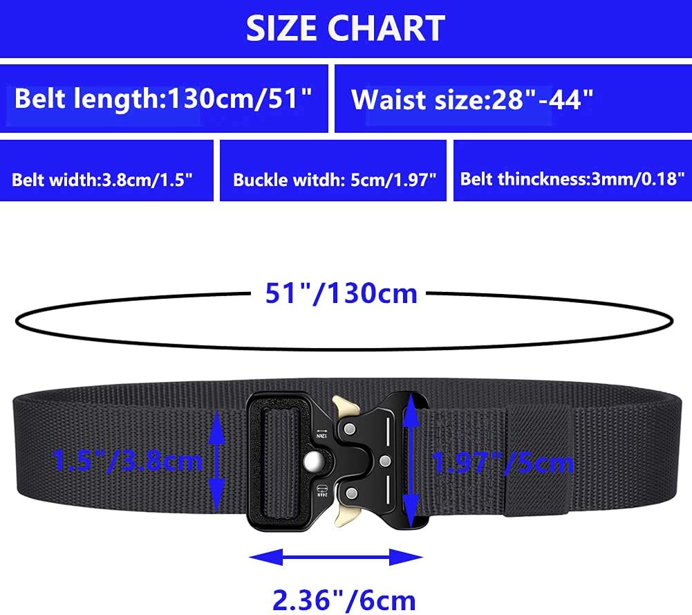 3-Pack Military Style Tactical Belts for Men, Quick-Release Metal Buckle with Molle Key Ring Holder