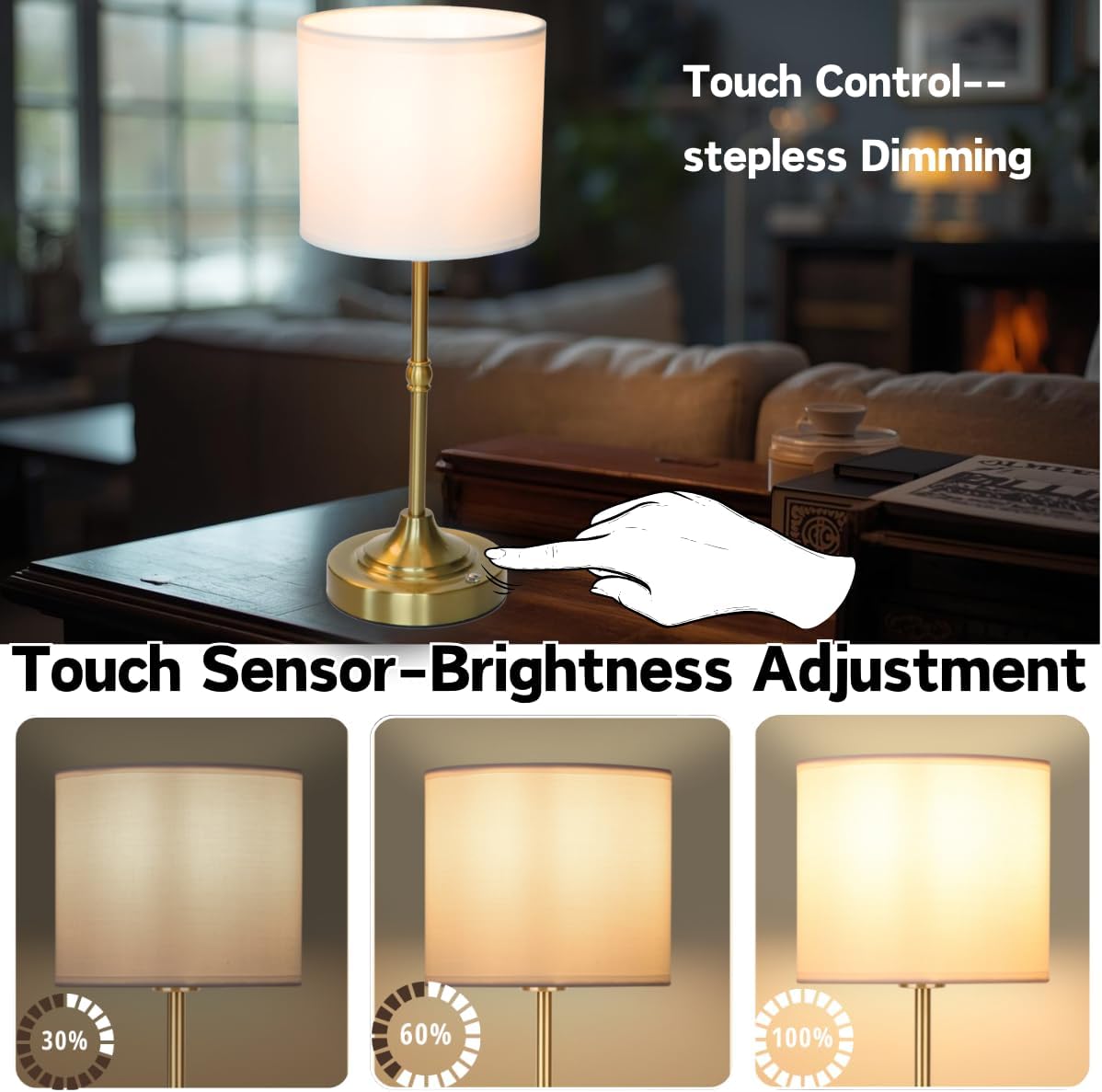 Rechargeable Table Lamp, Cordless Touch Lamps, Portable Desk Light with Stepless Dimmable Brightness & Fabric Shade for Nightstand Bedside Living Room (Gold, Straight)
