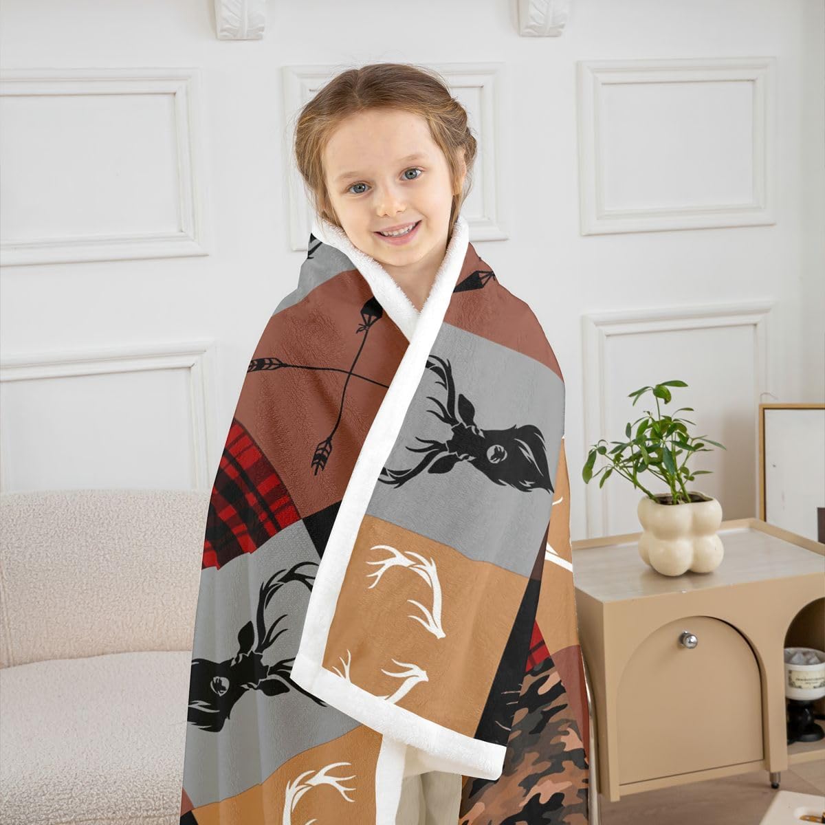 Feelyou Hunting Camo Throw Blanket Deer Soft Fleece Sherpa Cozy Fuzzy Plush Warm Camouflage Fuzzy Plush Throw Antlers Queen 90"x90" for Bed Couch Living Room