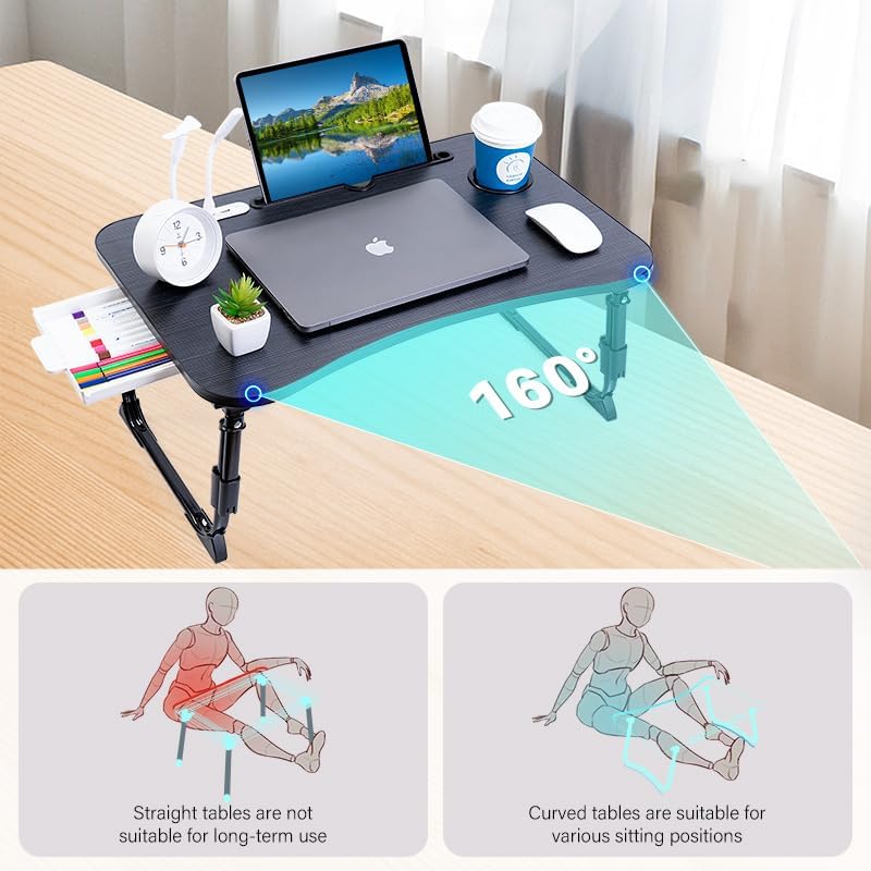 BYMECOST Laptop Desk for Bed, Height Adjustable Laptop Bed Table, Foldable Portable Lap Desk Stand with USB/Storage Drawer/Cup Holder/Slot, Breakfast Tray for Working Reading Writing Eating