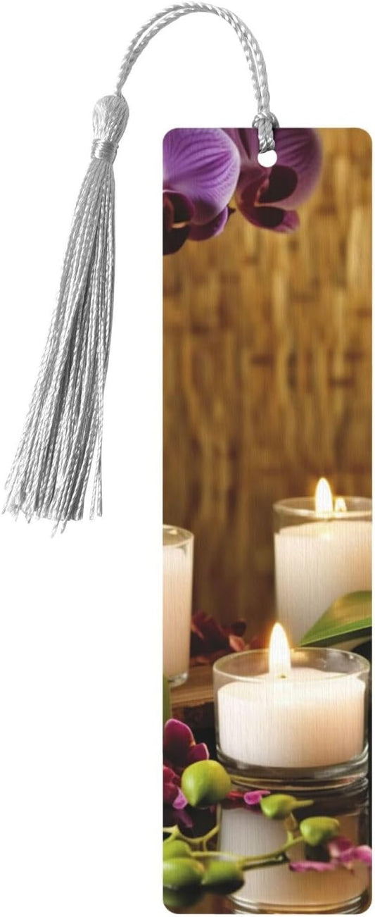 Candles and Orchids Wooden Bookmarks Handmade Double-Sided Printed Book Marks Page Markers with Gray Tassels Book Accessories Gift for Book Lovers Women Men