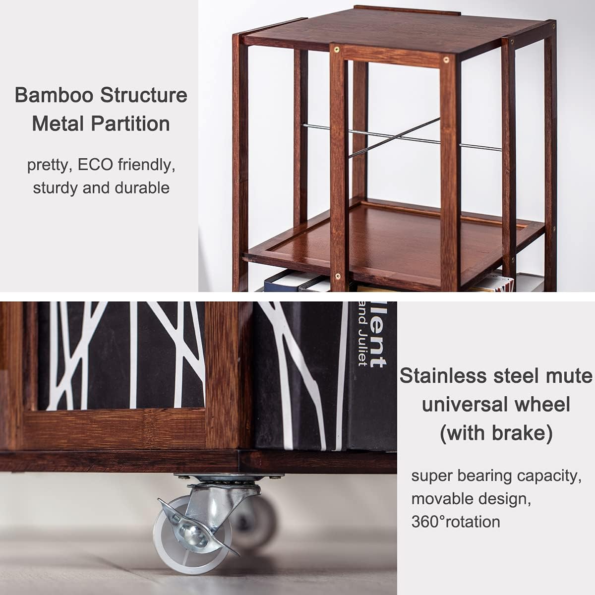 COPREE 5 Tier Rolling Bookcase, Bamboo 360 Rotating Bookshelf, Freestanding Storage Organizer Holder Book Rack with Wheels for Bedroom, Living Room Home and Office