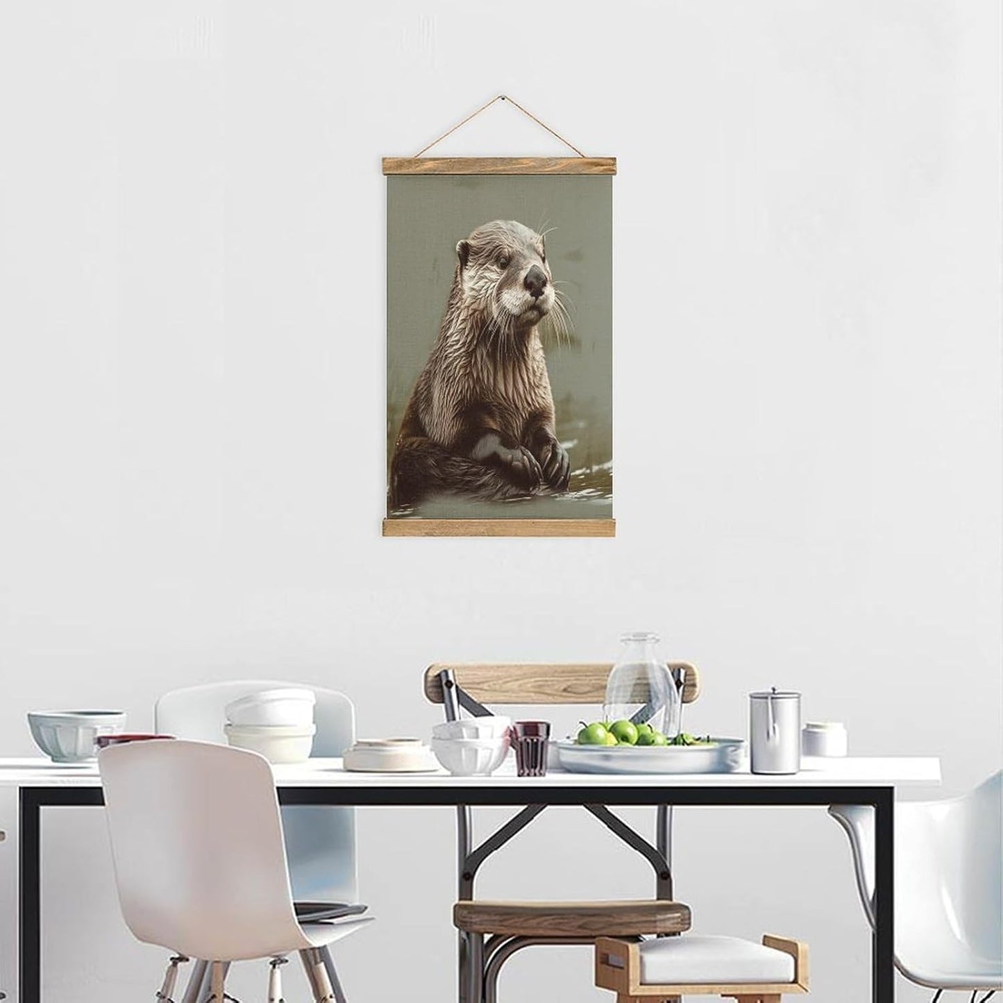 Vintage Otter Animal Poster with Wooden Frame Personalized Linen Hanging Scroll Painting Rustic Wall Hanging Illustrative Modern Artwork Decor for Home Living Room Bedroom Office