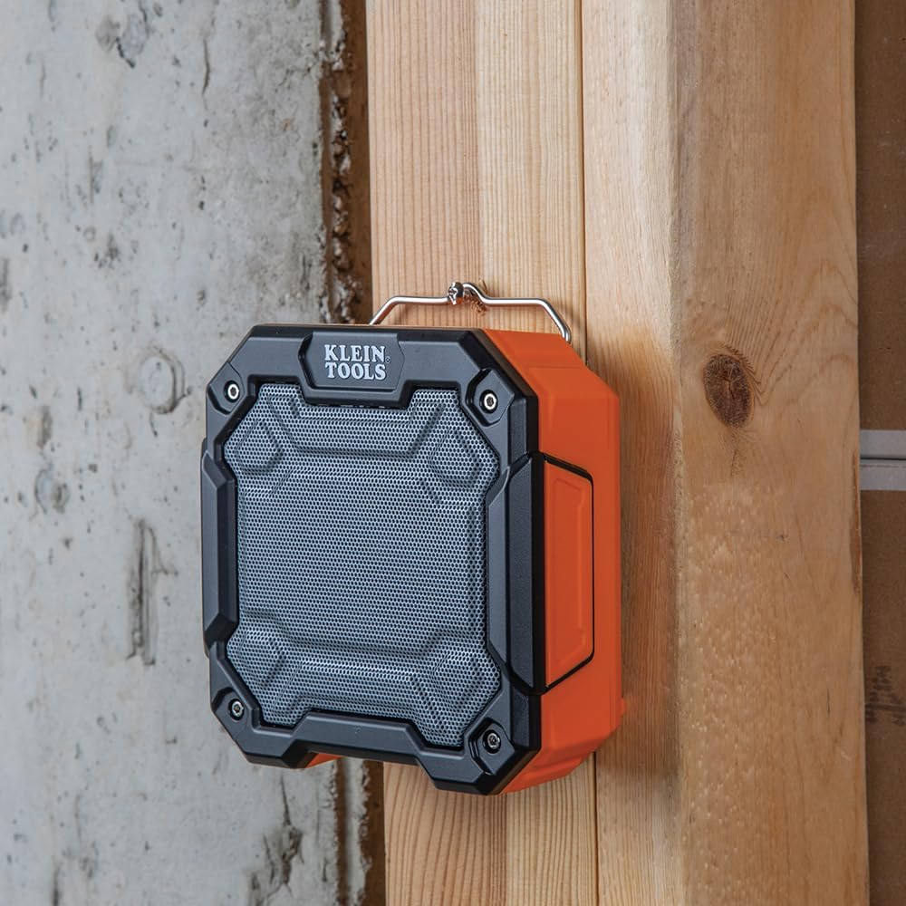 Klein Tools AEPJS3 Bluetooth Jobsite Speaker With Magnet and Hook, 20-Hr Run Time, Charge Via USB A or C, Pair Multiple Speakers via Broadcast, Hands Free Capable