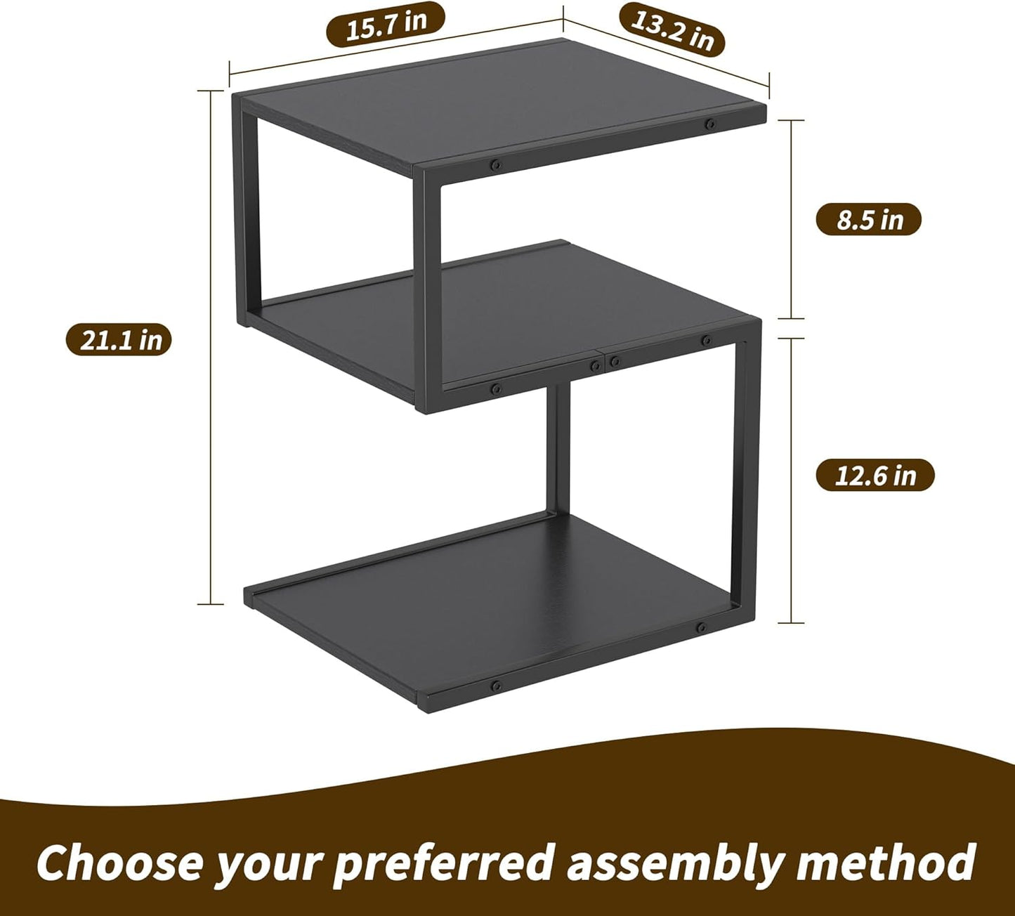 S-Shaped Side Table 3 Tier, Minimalist Nightstand for Small Spaces with Open Storage, Narrow End Table for Living Room Bedroom, Black