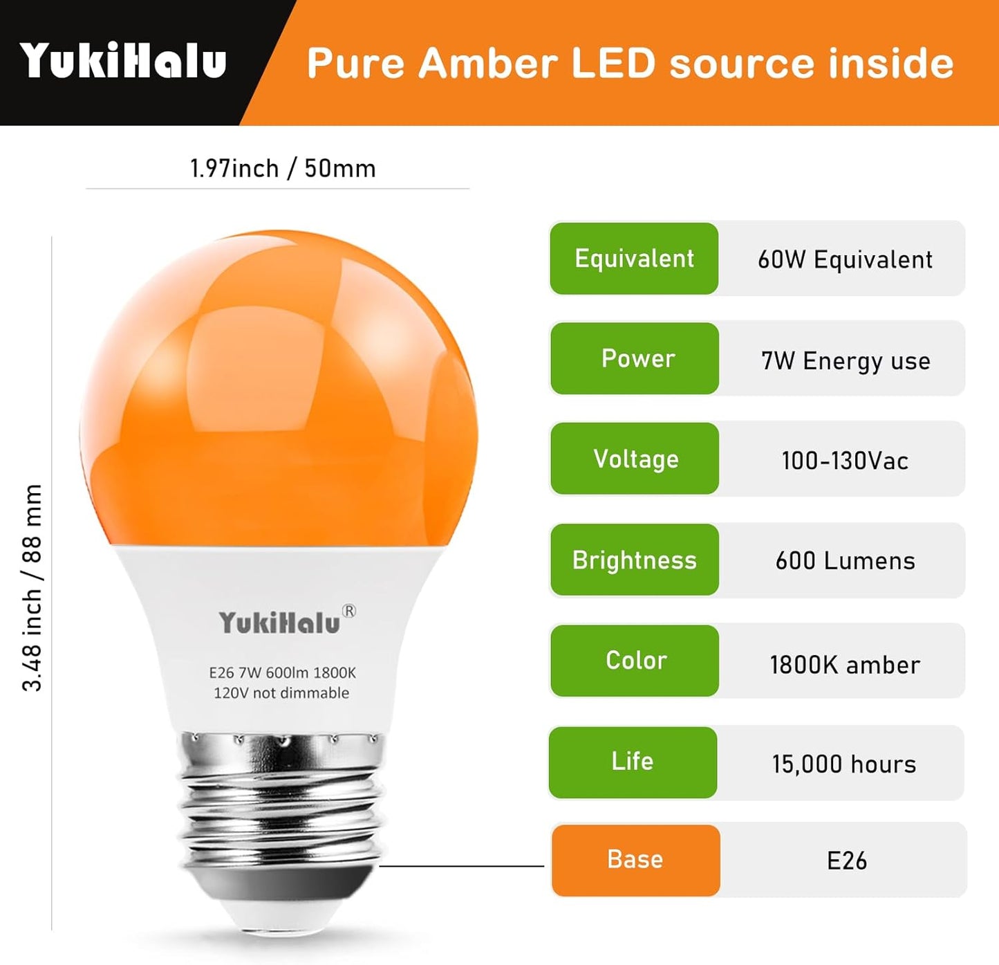 YukiHalu LED Amber Orange Light Bulbs, A15 1800K E26 600Lm, 60W Equivalent Soft Warm Sleep Light Bulbs for Healthy Sleep, Baby Nursery Light, Bedroom Night Light, Not-Dim, 4-Pack