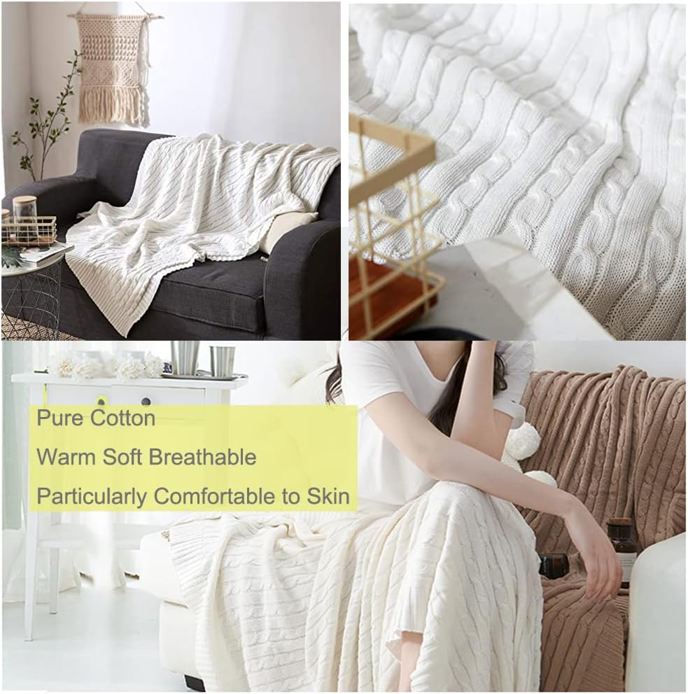Cotton Cable Knit White Throw Blanket, Super Soft Warm Knitted Throw Blanket for Couch, Sofa, Chair, Bed - Extra Cozy, Machine Washable Comfortable Home Decor