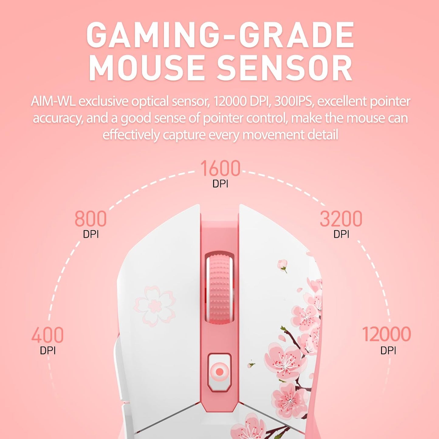 DAREU Sakura Pink Wireless Gaming Mouse with Charging Dock Rechargeable RGB,12K DPI,6 Programmable Buttons High-Precision Sensor [300IPS] [1000Hz] for PC Notebook Mac