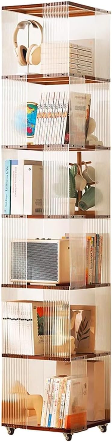 YVYKFZD Rotating Bookshelf, 5/6 Tier Revolving Bookcase, Acrylic 360° Display Storage Rack, Narrow Corner Book Shelf Organizer with Wheels, for Small Space, Study(Brown,6 Tier 13.7x13.7x73.6)