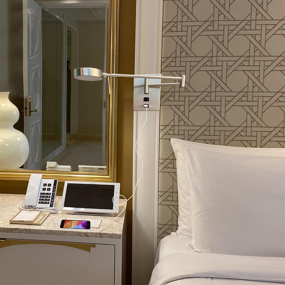 HomeFocus LED Swing Wall Lamp with USB Charging Port,Eye-Caring Bedside Reading Wall Light,Wall Light,Wall Sconces,Wall Lamp for Bedroom,Living Room,Hotel,LED 5W 3000K,Metal,Satin Nickel.