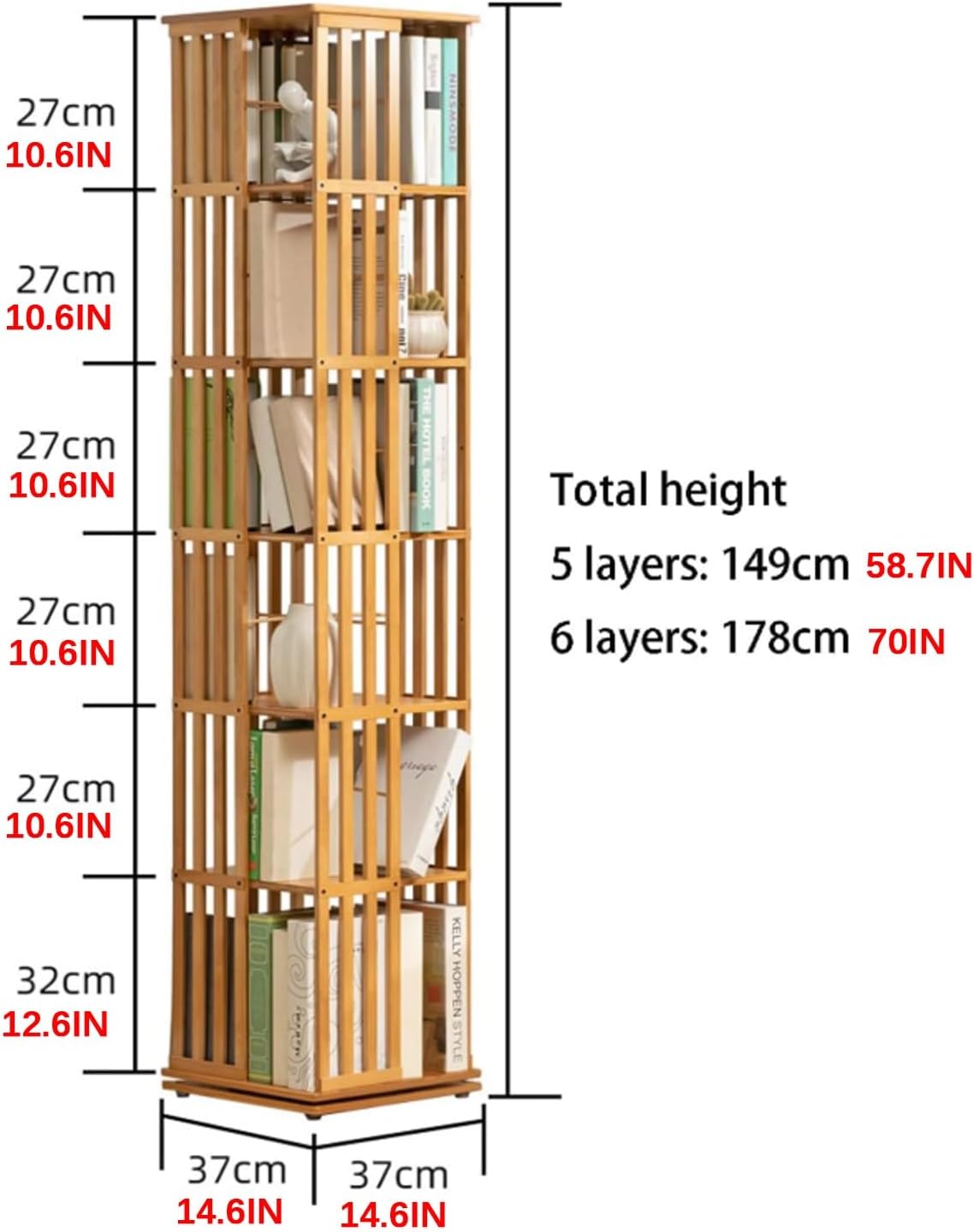 Corner Bookshelf, Rotating Bookcase, Multilayer Display Shelf, Spinning Bookshelf Tower, Floor Standing Book Shelf, for Bedroom, Living Room, Home, Office, Corner(Brown,149cm)