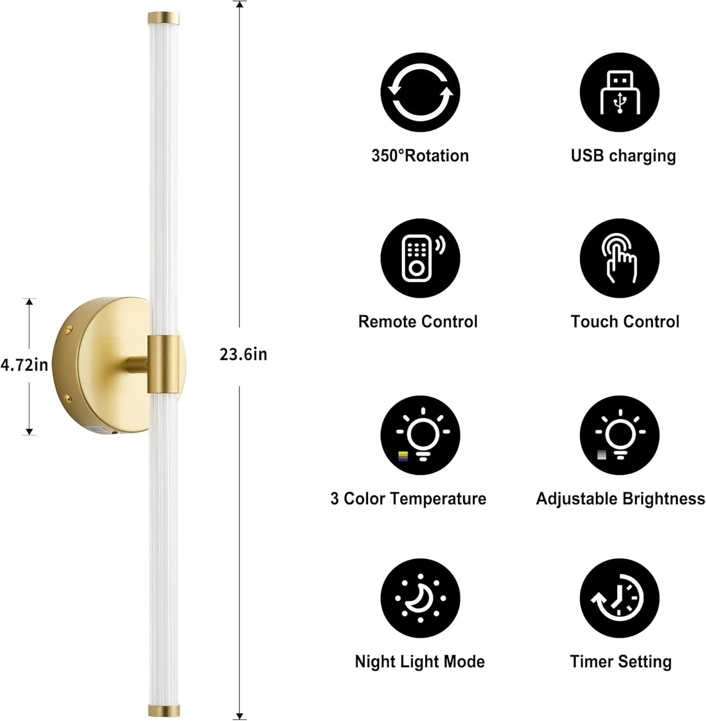 Wireless Wall Sconces Rechargeable Battery Operated LED Wall Light with Remote, 3000K-6000K Adjustable Stepless Dimming for Bedroom, Hallway, Kitchen, 23.6 Inch Gold