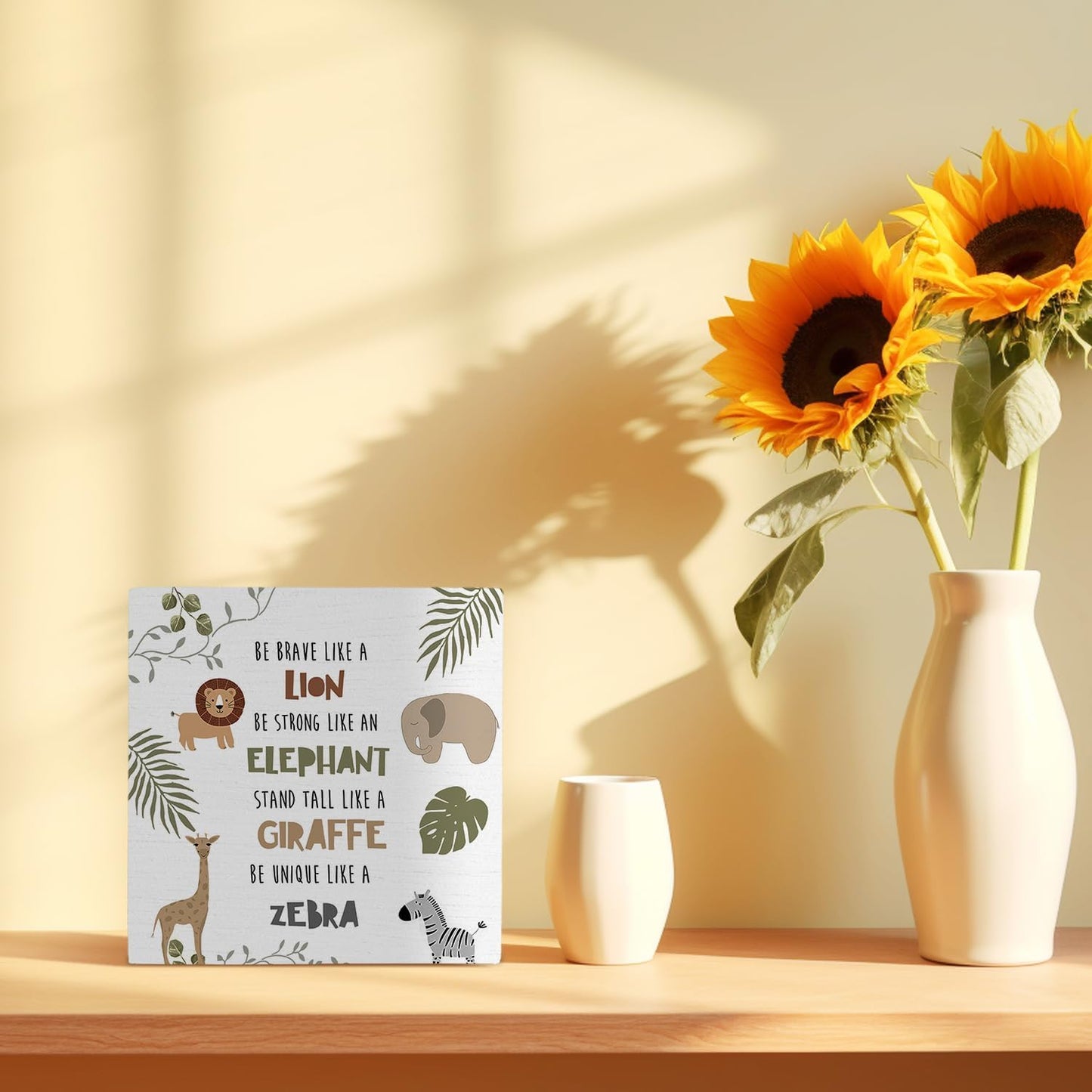 Animal Nursery Wood Box Sign 5×5 Inches, Inspirational Forest Animal Lion Elephant Giraffe Zebra Wood Sign for Kids Room Dorm Nursery Bedroom Home Desk Tabletop Shelf Decor