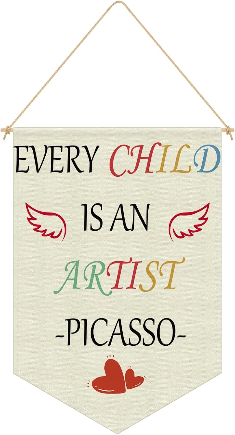 Every Child Is an Artist Quote Wall Hanging Banner Nursery Wall Decor Hanging Pennant Flag Banner Inspirational Quote Decor for Kids Room Nursery Classroom Playroom Bedroom Linen Cotton Flag
