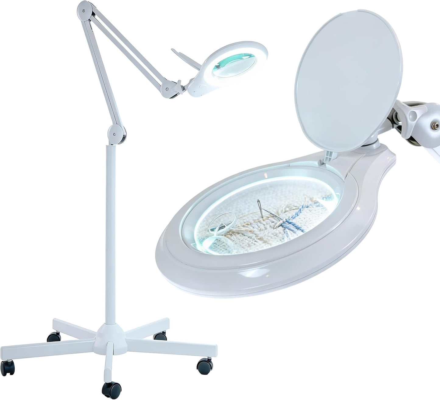 Neatfi LED Magnifying Floor Lamp 1,200 Lumens – 5” Bifocal Glass Lens, Dual Magnification 2.25X + 6X, Dimmable Task Light | Adjustable Arm, Rolling Base | Reading, Crafting & Sewing (White, 5 Inches)