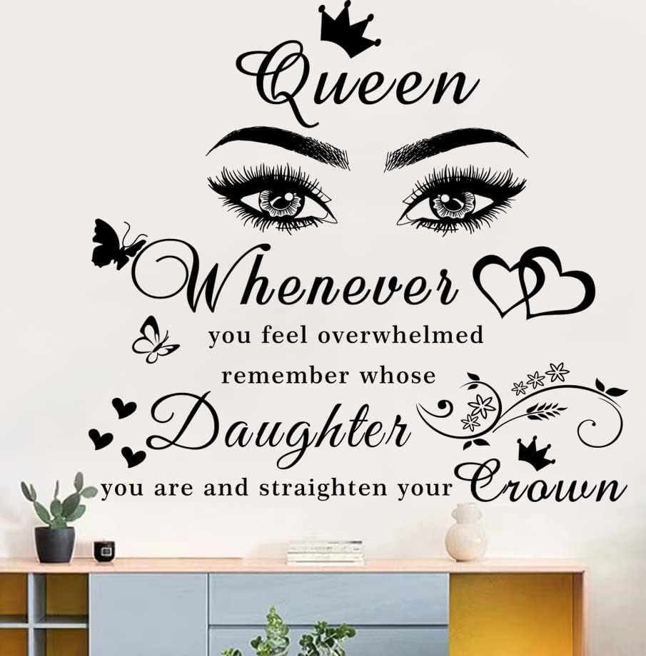 Girls Inspirational Wall Stickers Wall Art Quote Queen Wall Decals Positive Motivational Butterfly Decor Eyes Wall Sticker for Women Girls Bedroom Living Room Beauty Salon Home Decor.